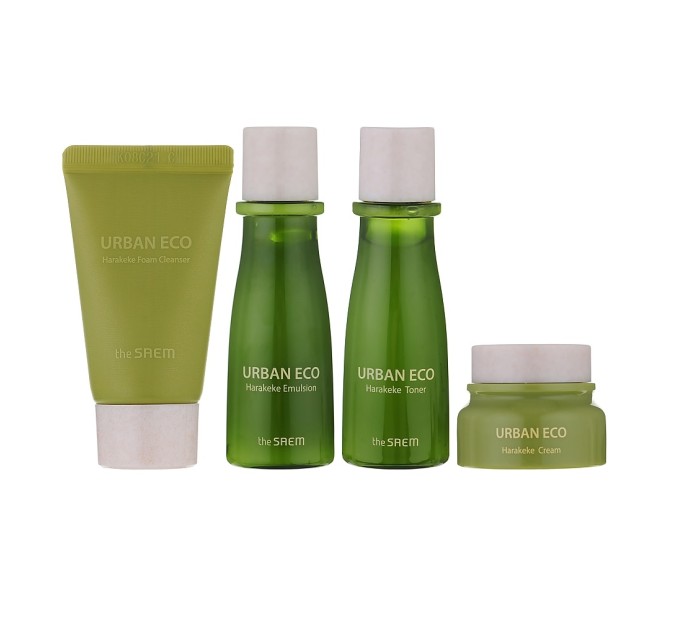 Набор миниатюр THE SAEM Urban Eco Harakeke Travel 4 Kit: увлажнение с экстрактом новозеландского льна, 95 мл, 4 шт.