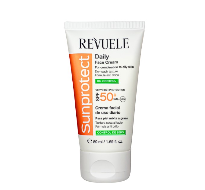 Солнцезащитный крем для лица для жирной кожи REVUELE UVA/UVB SPF 50+ 50 мл (5060565106567)