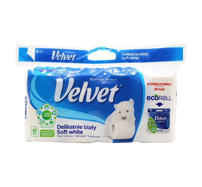 Насолоджуйтеся комфортом з трьохшаровим туалетним папером Velvet Soft White - 150 відривів, 8 рулонів!