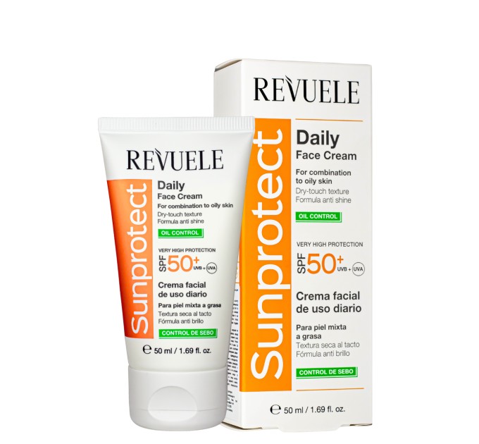 Солнцезащитный крем для лица для жирной кожи REVUELE UVA/UVB SPF 50+ 50 мл (5060565106567)