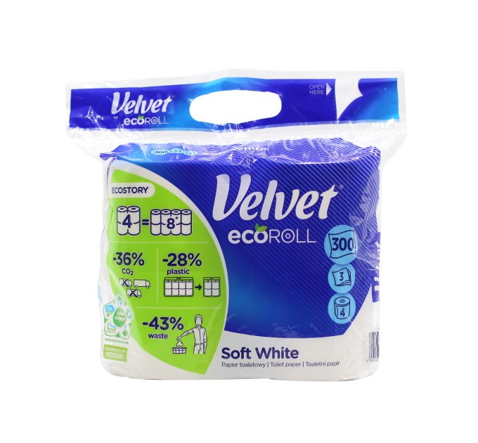 Екологічний рулон Velvet Soft White Eco з 4=8 рулонів, 3 шарами та 300 відривами - комфорт для вашої сім'ї