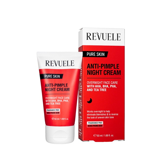 Крем для лица от прыщей ночной REVUELE Pure Skin Anti-Pimple Night Cream с AHA BHA PHA 50 мл (5060565107908)