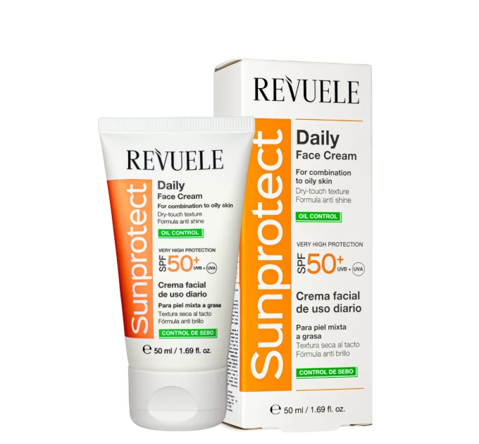 Эффективный солнцезащитный крем для жирной кожи REVUELE SPF 50+ 50 мл с UVA/UVB защитой
